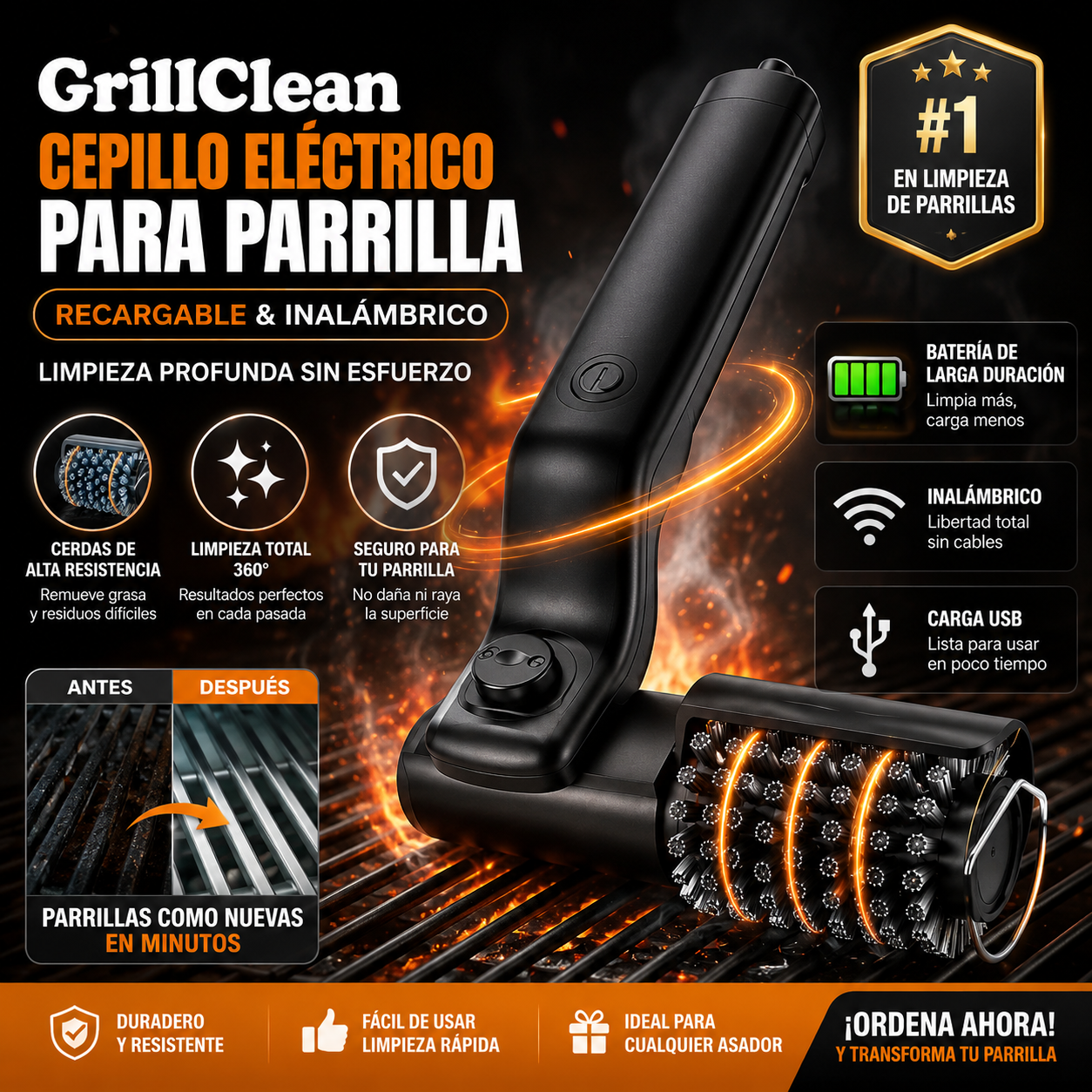GrillClean | Cepillo Electrico Limpia Parrilla Recargable