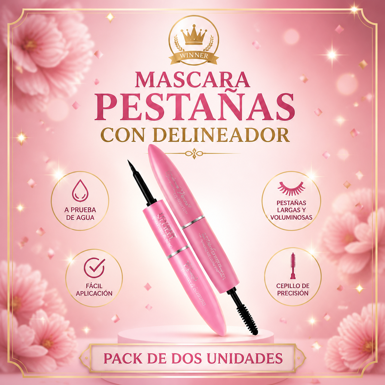 Máscara de pestañas con delineador 2 en 1, pack de 2 unidades