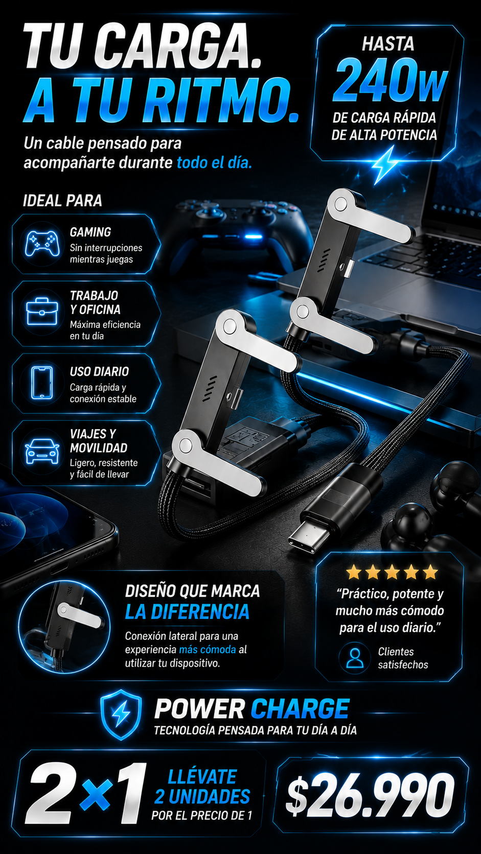 PowerCharge™  | CABLE CARGA RAPIDA 2 EN 1 PREMIUM